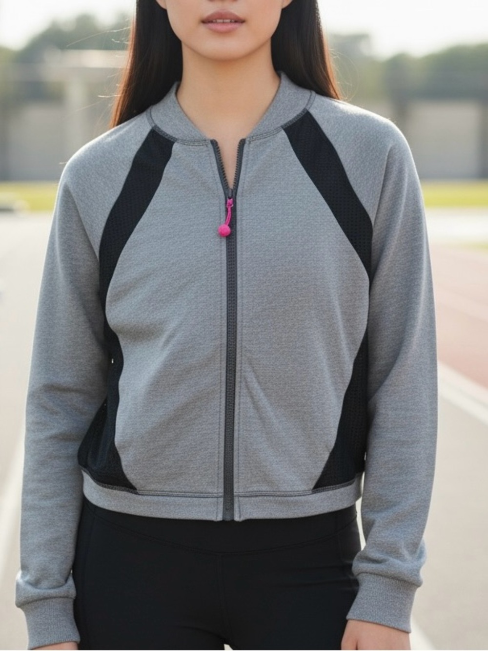 Ivivva Girl's Gray Jacket with Black Panels and Pink Zip Pull